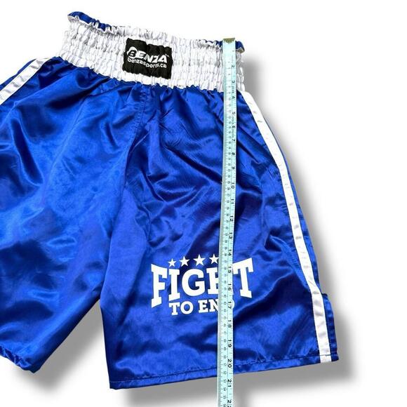 Benza Fight to End Blue Boxing Shorts SzL Polyester Satin Kickboxing Trunks Thai - Picture 8 of 8